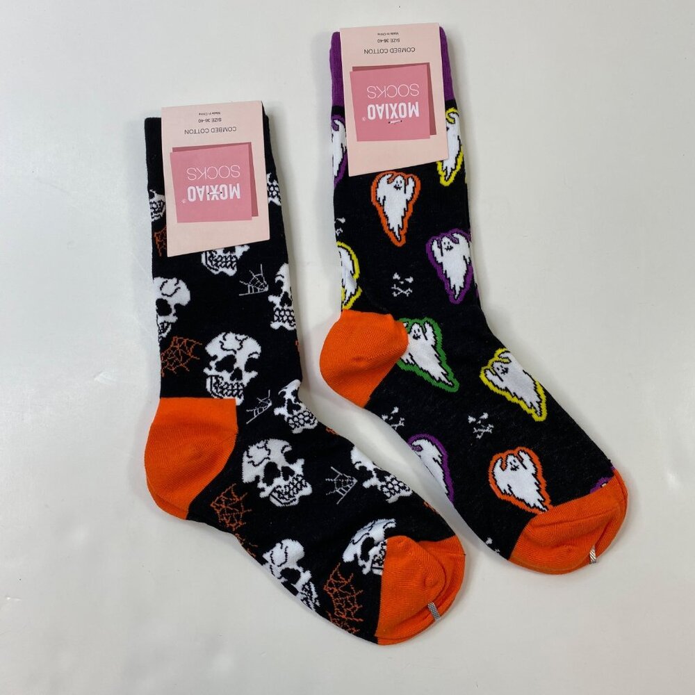 Womens Halloween Crew Socks 2 Pack Skulls Ghosts Pattern Black Orange